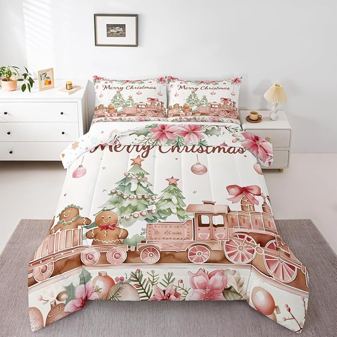 Gingerbread Train Bedding Sets Full Size,Christmas Tree Comforter Set 3Pcs for Kids Girls Boys Women Room Decor,Holly Leaves Flower Quilted Duvet Watercolor Pink Down Comforter,2 Pillowcases