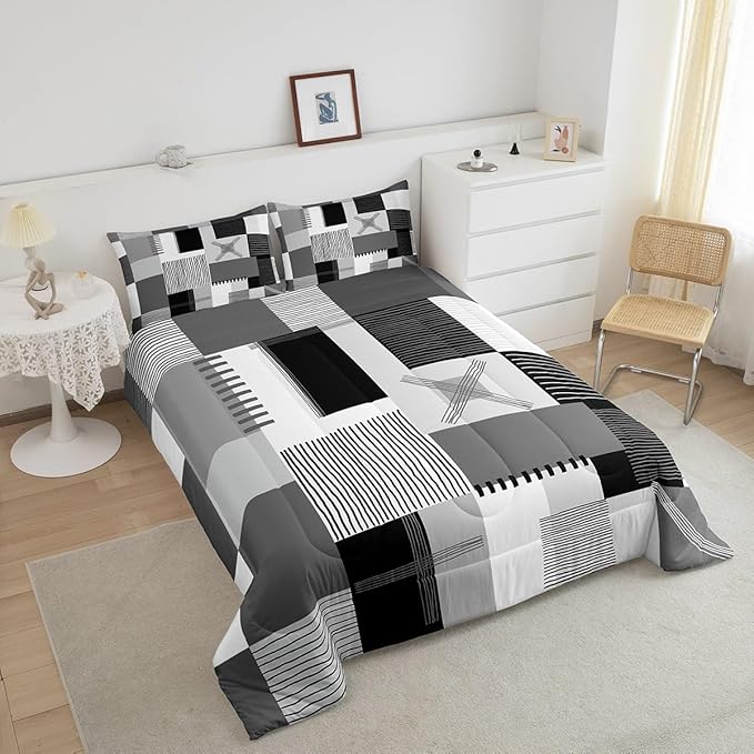 Erosebridal Black White Grey Comforter Set Twin Gray Abstract Bedding Set for Kids Boys Adults Men Geometric Square Quilt Grids Checkered Duvet Insert Modern Fashion Room Decor 2 Pcs