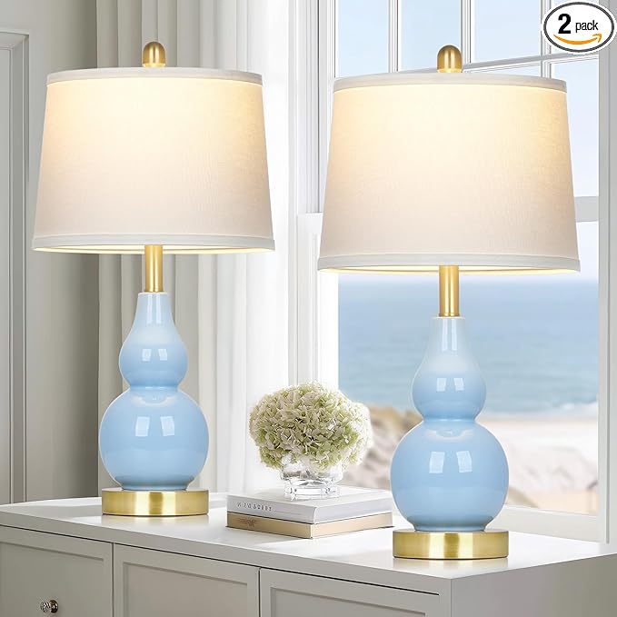 25" Modern Ceramic Table Lamps Set of 2, Blue Double Gourd Ceramic Lamps for Living Room, Coastal Farmhouse Rustic Bedside Nightstand Nautical Lamps for Bedrooms Home Office Dorm(2 LED Bulbs Included)
