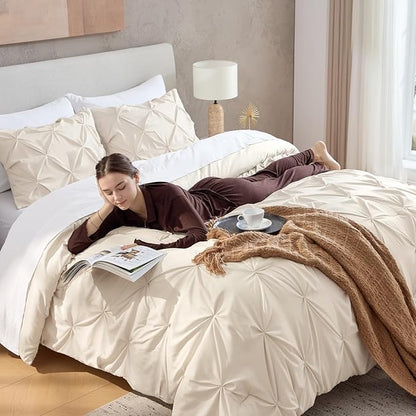 Andency Beige Oversized King Comforter Set (120x98Inch), 3 Pieces Lightweight Pinch Pleat Cal King Bedding Comforters & Sets, Oversized Pintuck Soft Fluffy Down Alternative Bed Set for All Season
