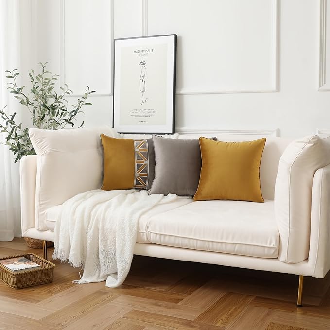Throw Pillow Covers with Insert Included, with Embroidered Detail, 18 x 18 inches, Decorative Throw Pillow for Sofa Couch Bed (Gold Gray, 18" L x 18" W)