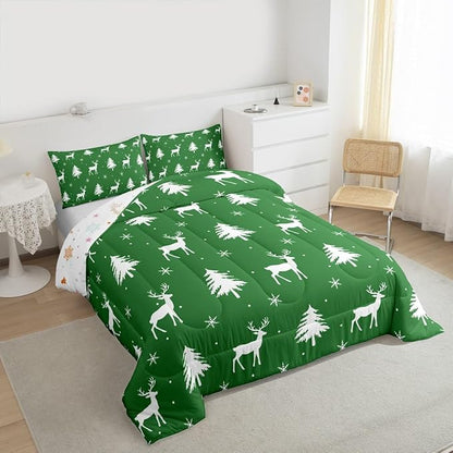 Manfei Christmas Deer Girls Bedding Set Twin Size, Snowflake Pine Tree Comforter Set，Rustic Farmhouse Xmas Quilt Comforter for Boys Teens,Green White Room Decor All Season,1 Pillowcase