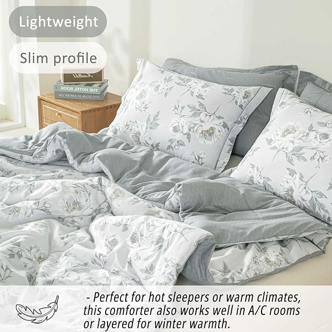 Floral Cotton Comforter Queen Size - Light Grey Comforter Printed with Vintage Ivory Flowers & Dark Yellow Stamens,Reversible Lightweight Bedding Sets 3Pcs(90"×90")