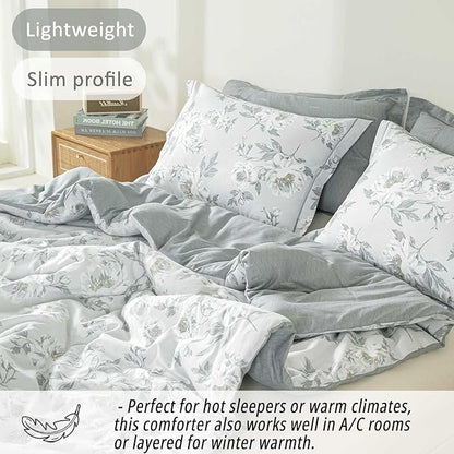 Floral Cotton Comforter Queen Size - Light Grey Comforter Printed with Vintage Ivory Flowers & Dark Yellow Stamens,Reversible Lightweight Bedding Sets 3Pcs(90"×90")