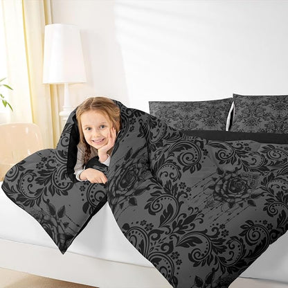 Feelyou Adults Gothic Comforter Set All Season Dark Olive Green Damask Bedding Set with 1 Pillow Cases Vintage Rose Microfiber Kids Toddler Bedroom Decor Duvet Quilt Breathable Soft Lightweight