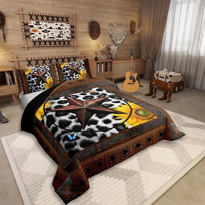 Erosebridal Western Texas Star Bedding Set Queen, Rustic Cowhide Comforter Set for Kids Teens Adult Room Decor, Cow Print Farm Animal Duvet Insert Cowboy Vintage Sunflower Quilt, 2 Pillow Cases