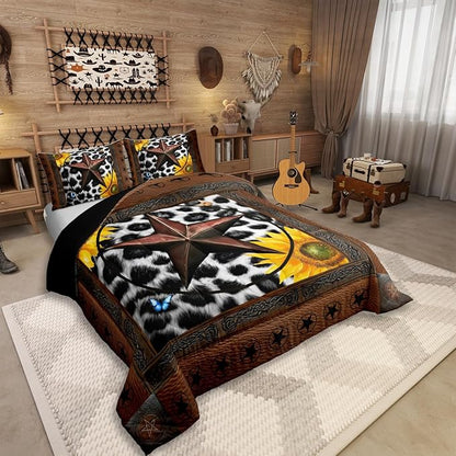 Erosebridal Western Texas Star Bedding Set Queen, Rustic Cowhide Comforter Set for Kids Teens Adult Room Decor, Cow Print Farm Animal Duvet Insert Cowboy Vintage Sunflower Quilt, 2 Pillow Cases