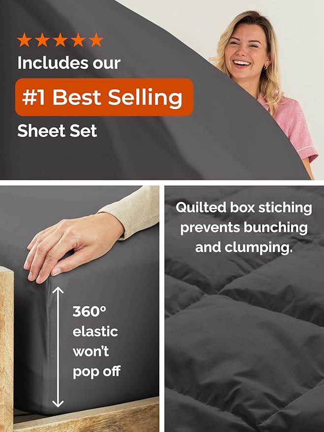Twin Comforter Set - 5 Piece Bed in a Bag Twin Size Bed Set - Down Alternative Comforter, Flat Sheet, Fitted Sheet, Pillowcase & Sham for All Seasons - Ultra Soft, Cozy, Comfy & Breathable - Dark Grey