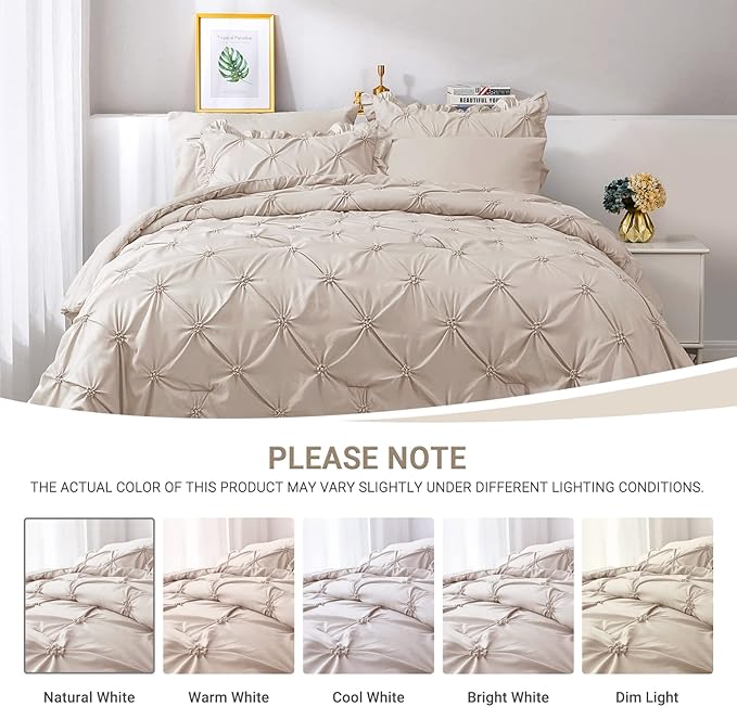 JOLLYVOGUE Beige Cal King Size Comforter Sets 7 Pieces, Pintuck Bed in a Bag Comforter Set for Bedroom, Bedding Comforter Sets with Comforter, Sheets,Ruffled Shams & Pillowcases