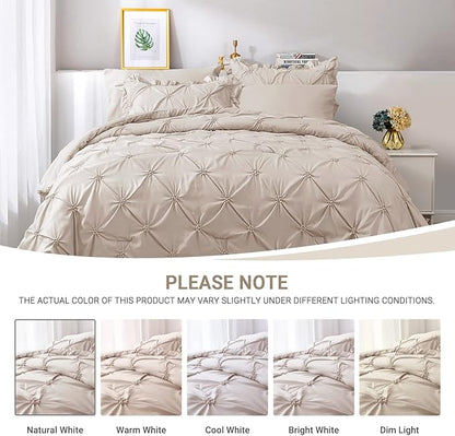 JOLLYVOGUE Beige Cal King Size Comforter Sets 7 Pieces, Pintuck Bed in a Bag Comforter Set for Bedroom, Bedding Comforter Sets with Comforter, Sheets,Ruffled Shams & Pillowcases