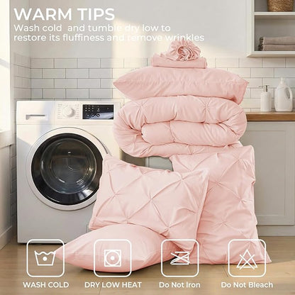 Sasttie Queen Comforter Set, 7-Piece Bed in a Bag, Pintuck Bedding Sets for All Season, Includes Comforter, Flat Sheet, Fitted Sheet, Pillowcases and Pillowshams, Blush Pink