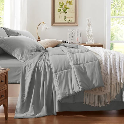 Anluoer King Comforter Set 7 Piece, Light Grey Bed in a Bag with Sheets, Comforters King Size Bedding Sets with 1 Comforter, 2 Pillow Shams, 2 Pillowcases, 1 Flat Sheet,1 Fitted Sheet