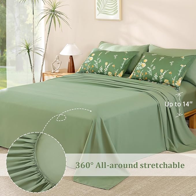 Yiran 7 Piece Sage Green Watercolour Floral Comforter Set King Size, Watercolour Botanical Comforter Bedding Set, Bed in a Bag King, Soft Microfiber Complete Bedding Set with Sheets for All Season
