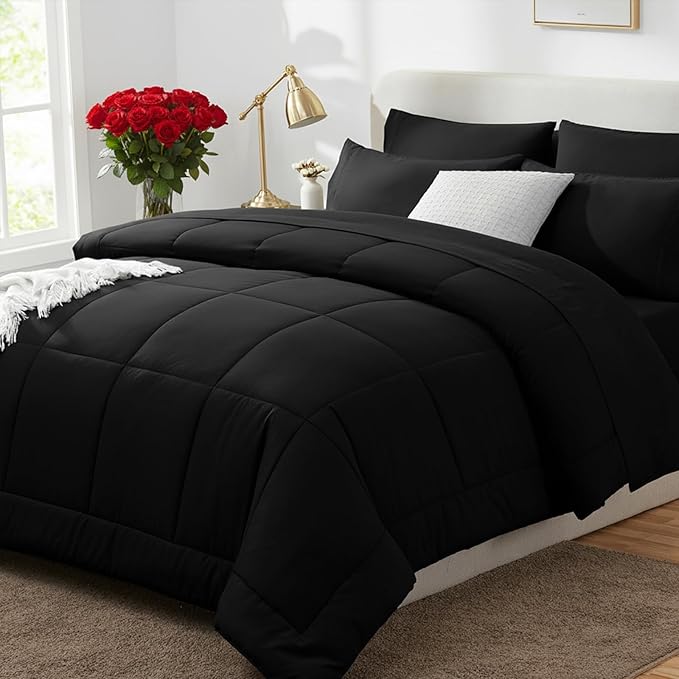 CozyLux Oversized Queen Comforter Sets Black, 7 Pieces Bed in a Bag, Ultra-Soft All Season Bedding Sets with Stitch Quilted Comforter, Flat Sheet, Fitted Sheet, Pillowcases, Black