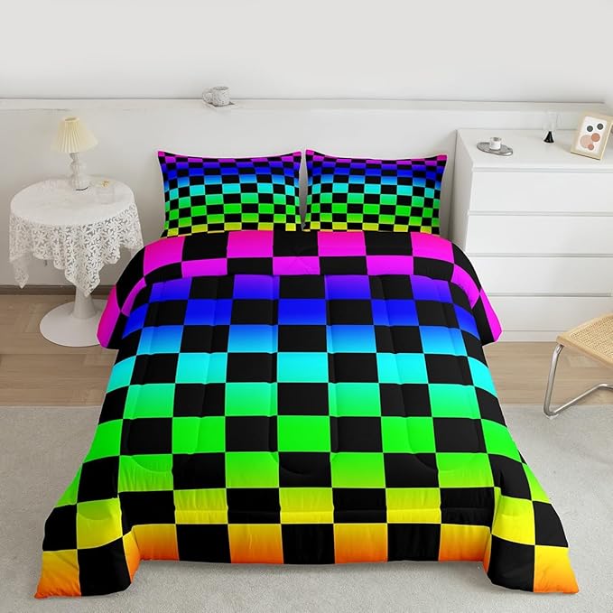 Feelyou Multicolored Checkered Retro Kids Comforter Set King Size Geometric Vintage Bedding Set Colorful Duvet Quilt for Kids Boys Girls Bedroom Modern Groovy Aesthetic Decor