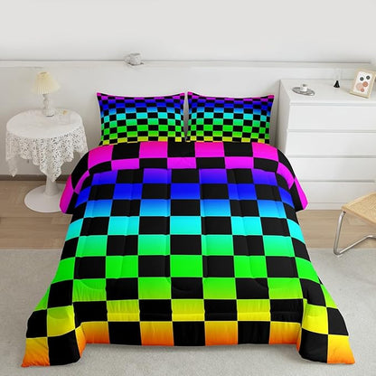 Feelyou Multicolored Checkered Retro Kids Comforter Set Twin Size Geometric Vintage Bedding Set Colorful Duvet Quilt for Kids Boys Girls Bedroom Modern Groovy Aesthetic Decor