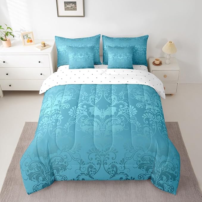 Erosebridal Gothic Damask Bed in a Bag King Size Comforter Set 7 Pieces,Halloween Bat Bedding Sets Teal Victorian Floral Goth Sheet Set with Comforter