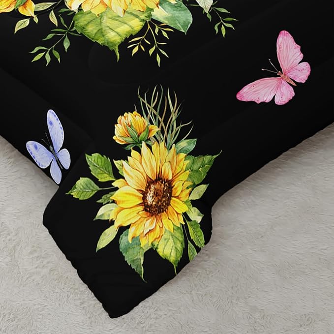 Black 3 Piece Sunflower Comforter Sets Twin Size, Farmhouse Floral Bedding Set for Girls Boys Adults,3 Piece Bed in A Bag, Ultra Soft Microfiber All Season Yellow Flower Bedding Set