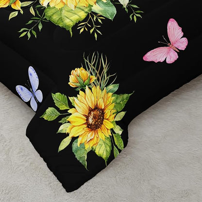 Black 3 Piece Sunflower Comforter Sets Full Size, Farmhouse Floral Bedding Set for Girls Boys Adults,3 Piece Bed in A Bag, Ultra Soft Microfiber All Season Yellow Flower Bedding Set