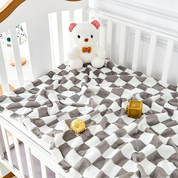 Yurhap Checkered Baby Blanket Fleece Baby Blankets Neutral for Boys Girls, Super Soft Warm Lightweight Infant Toddler Newborn Receiving Gifts for Crib Stroller, 30x40 Inch, Greige