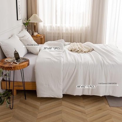 COTTEBED White Down Comforter Queen Size, Luxury Hotel Ultra Soft Washed Cotton, 1 Comforter Sets and 2 Pillowshams, Lightweight Modern Solid Bedding Collection for All Season Use (White,Queen/Full)