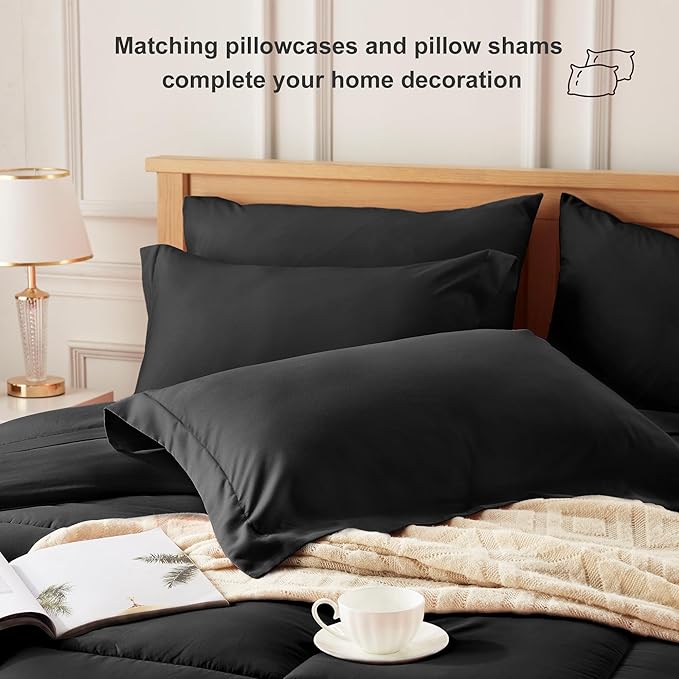 Newspin Queen Comforter Set Black - Bed in a Bag Queen Size 7 Pieces, All Season Bed Set, Fluffy Comforter Set with Sheets, Sheet Set Quilt Blanket, Pillowcases & Shams