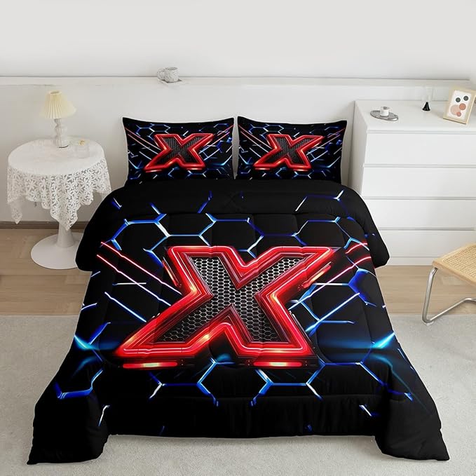 Manfei Geometric Honeycomb Kids Comforter Set Twin Size,Blue Neon Hexagon Abstract Bedding Set for Boys Girls Man Room Decor,Light Gaming Fashion Down Comforter,Red Black Duvet Insert,1 Pillowcase