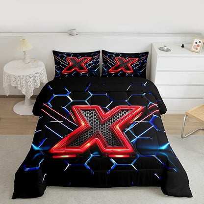 Manfei Geometric Honeycomb Kids Comforter Set Twin Size,Blue Neon Hexagon Abstract Bedding Set for Boys Girls Man Room Decor,Light Gaming Fashion Down Comforter,Red Black Duvet Insert,1 Pillowcase
