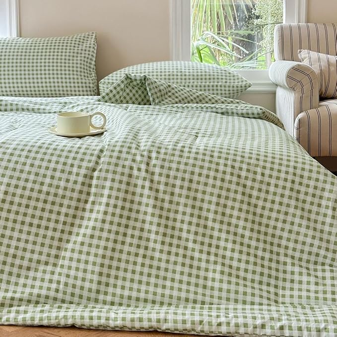 NSNLGSGC Sage Green Gingham Cotton Comforter Set Queen, 100% Washed Cotton Green Plaid Checked Comforter Bedding, 3 Pieces Vintage Farmhouse Grid Bedding Set(Sage Green Gingham, Queen)