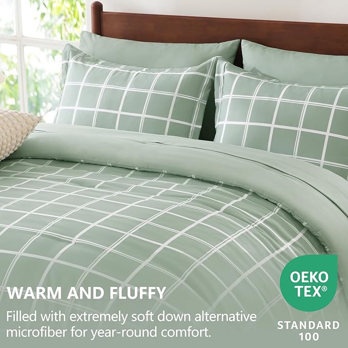 CozyLux Queen Comforter Set with Sheets - 7 Pieces Plaid Bed in a Bag Set Sage Green, Queen Bedding Sets Bed Set with All Season Quilted Comforter, Flat Sheet, Fitted Sheet, Pillowcases & Pillow Shams