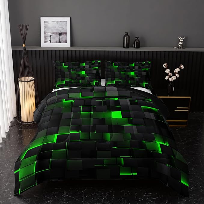 Neon Green Black Comforter Set Full Geometric Kids Bedding Set,3 PCS Geometry Honeycomb Bed Set Modern Quilt Set 1 Comforter 2 Pillow Cases Cool Room Decor All Season B-Side Black