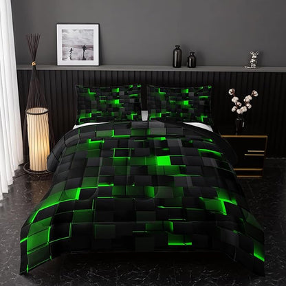 Neon Green Black Comforter Set King Geometric Kids Bedding Set,3 PCS Geometry Honeycomb Bed Set Modern Quilt Set 1 Comforter 2 Pillow Cases Cool Room Decor All Season B-Side Black