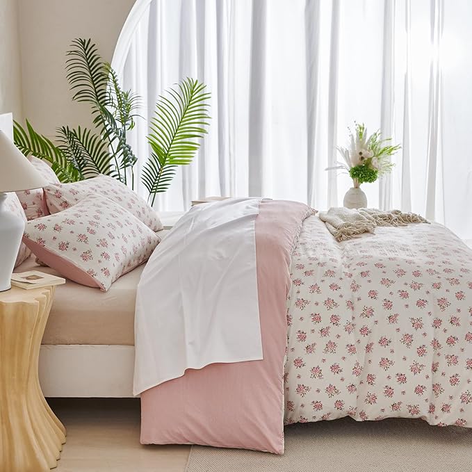 King Size Floral Comforter Set 3 Pieces Soft Cute Fresh Floral Bedding Comforter Lightweight Garden Style King Floral Botanical Comforter Set for All Seasons 1 Comforter and 2 Pillowcases