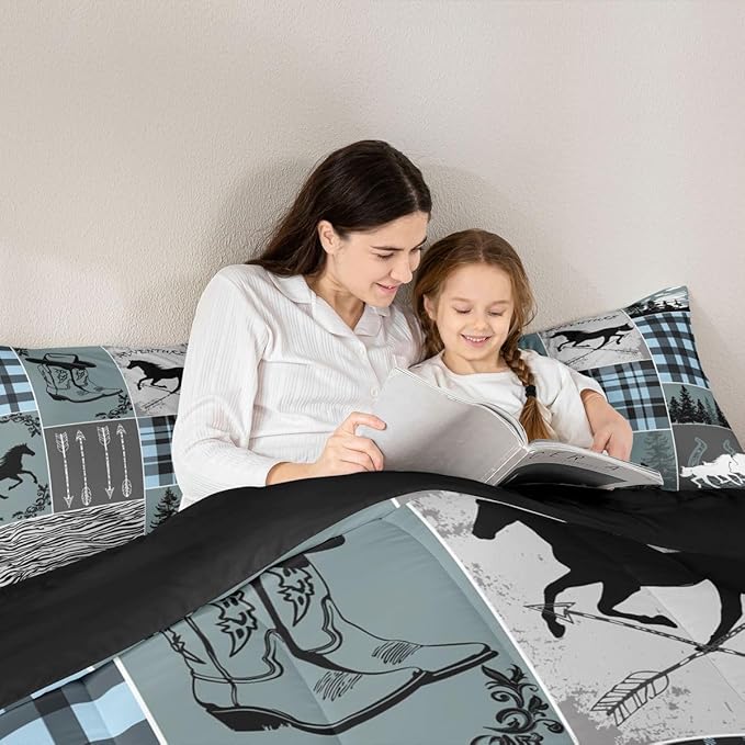 Erosebridal Western Cowboy Bedding Set Full, Horse Arrow Comforter Set with 2 Pillow Cases, Riding Boots Horseshoe Quilt Rustic Farmhouse Patchwork Duvet Insert for Kids Boys Teens Bedroom Decor