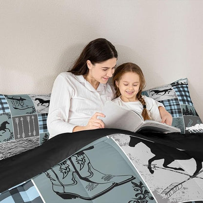Erosebridal Western Cowboy Bedding Set King, Horse Arrow Comforter Set with 2 Pillow Cases, Riding Boots Horseshoe Quilt Rustic Farmhouse Patchwork Duvet Insert for Kids Boys Teens Bedroom Decor