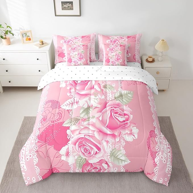Feelyou Rose Comforter Set Queen Size 7 Pieces Rose Floral Flower Bedding Set for All Season Romantic Pink Vintage Garden Flower Bed in a Bag with Comforter, Sheets, Pillowcases & Cushion Cover