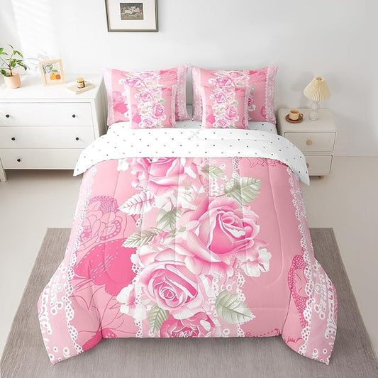 Feelyou Rose Comforter Set Full Size 7 Pieces Rose Floral Flower Bedding Set for All Season Romantic Pink Vintage Garden Flower Bed in a Bag with Comforter, Sheets, Pillowcases & Cushion Cover