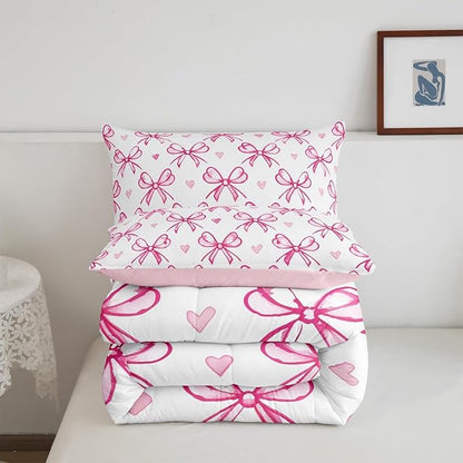 Pink Bow Girlish Kids Comforter Set Full Size,Bowknot Love Heart Hand Paint Cute Bedding Set,Girls Women Room Decor,Princess Style Bow Tie Down Comforter,Girly Romantic Duvet Insert,2 Pillowcases