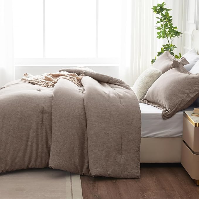 CozyLux Queen Comforter Set - 3 Pieces Khaki Soft Luxury Cationic Dyeing Queen Size Comforter for All Season, Breathable Lightweight Fluffy Bedding Sets with 1 Comforter and 2 Pillow Shams