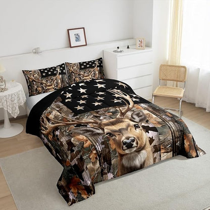 Feelyou Deer Hunting Comforter,Hunter Bedding Set Camo American Flag Comforter Toddler Size for Bedroom Decor,Deer Comforter Set for Boys Teens Girls,Toddler Comforter Set with 1 Pillowcase