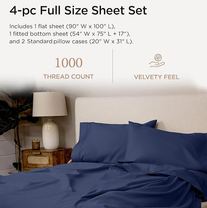 Threadmill Luxury Full Size Sheets for Full Size Mattress, 1000 Thread Count Supima Cotton Sheets for Full Mattress, 5-Star Hotel Quality 4 Piece Bed Sheet with Extra Deep Pocket, Folkstone Blue