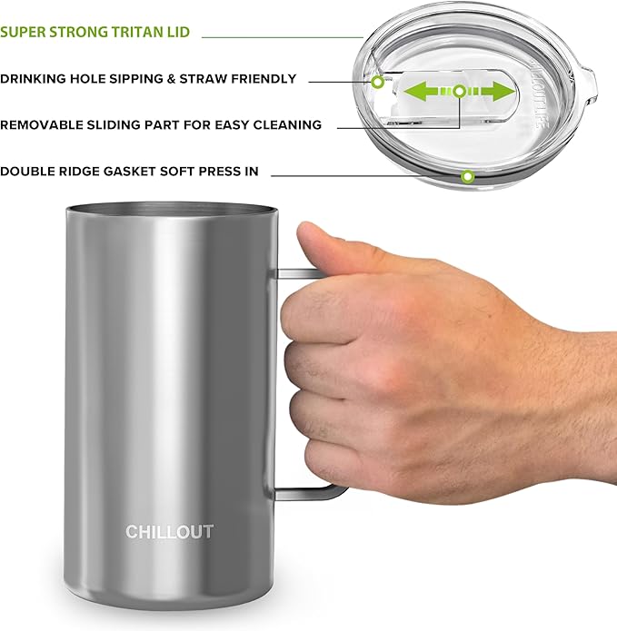 CHILLOUT LIFE Stainless Steel Vacuum Insulated Coffee Mug 20 oz (Set of 2) with Handle and Lid, Large Thermal Camping Coffee Mugs with Sliding Lid for Men & Women, Keeps Your Beverages Hot & Cold