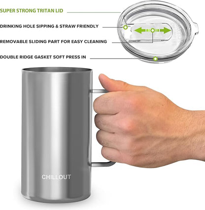 CHILLOUT LIFE Stainless Steel 20 oz Vacuum Insulated Coffee Mug with Handle and Lid, Large Thermal Camping Coffee Mug Cup with Durable Sliding Lid for Men & Women, Keeps your Beverages Hot/Cold