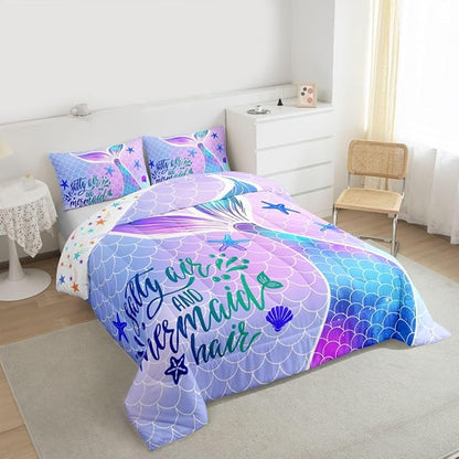 Mermaid Tail Comforter Set Kids Girls Fish Scales Cute Bedding Set Twin,Girly Shell Starfish Duvet Insert Ocean Life Sea Animal Duvet Stuffing Pastel PInk Teal Blue Purple Kawaii Room Decor