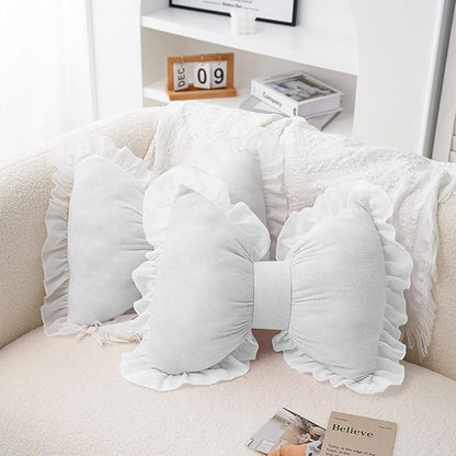 Set of 2 Bow Shaped Throw Pillow Soft Bowknot Decorative Pillows Cute Car Lumbar Pillows Novelty Bow Pillow for Sofa Couch Bed Living Room Bedroom (White)