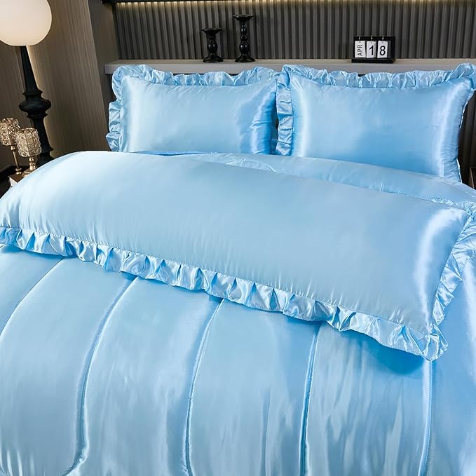 Satin King Comforter Silk Like Baby Blue Bedding 4 Pcs Hotel Soft Polyester Bed Set Luxury Silky Body Pillow Cover Ruffle Home Decor