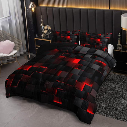 Neon Red Black Comforter Set Queen Geometric Kids Bedding Set,3 PCS Geometry Honeycomb Bed Set Modern Quilt Set 1 Comforter 2 Pillow Cases Cool Room Decor All Season B-Side Black