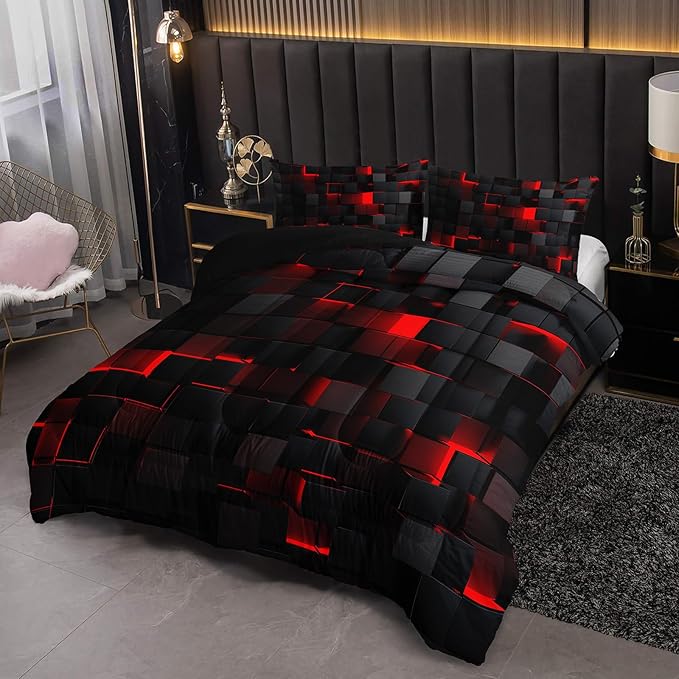 Neon Red Black Comforter Set King Geometric Kids Bedding Set,3 PCS Geometry Honeycomb Bed Set Modern Quilt Set 1 Comforter 2 Pillow Cases Cool Room Decor All Season B-Side Black