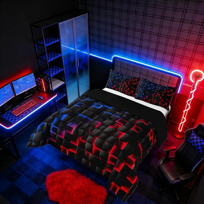 Erosebridal Geometric Checkered Boys Bedding Set Toddler Size Neon Red Blue Comforter Set for Kids Teen Men Gamer Room Decor,Abstract Ombre Plaid Comforter Grids Quilt Duvet Black