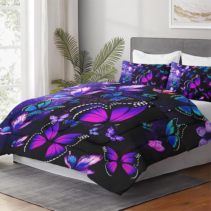 Comforter Set Queen Size with 2 Pillowcases, Summer Tropical Purple Butterfly 3 Pcs Bedding for Kids and Adults, Vintage Spring Galaxy Space Soft Comforter Set for Bedroom Bed Decor
